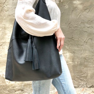 Leather hobo bag, Overnight bag, Slouchy large shoulder bag for work and travel, Large Leather Shopper image 3