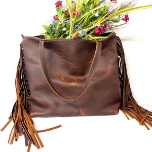 Bolso vintage grande de piel marrón con flecos, bolso de piel resistente para el trabajo, la escuela y los viajes, bolso para portátil con opción de cremallera