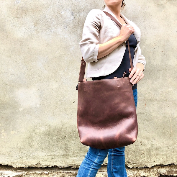 Tall Brown Leather Crossbody Tote, Work travel leather bag, 11”x 14” Leather Compur bag with Zipper gift for women, Leather shopper tote bag