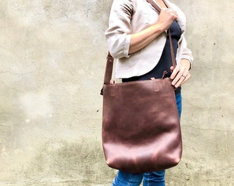 Tall Brown Leather Crossbody Tote, Work travel leather bag, 11”x 14” Leather Compur bag with Zipper gift for women, Leather shopper tote bag