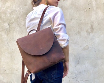 Small Leather Backpack Rucksack: Brown Minimalist School Bag