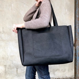 Extra Large Black Leather Tote Bag 19x 15x5 , Oversized Work and Travel ...