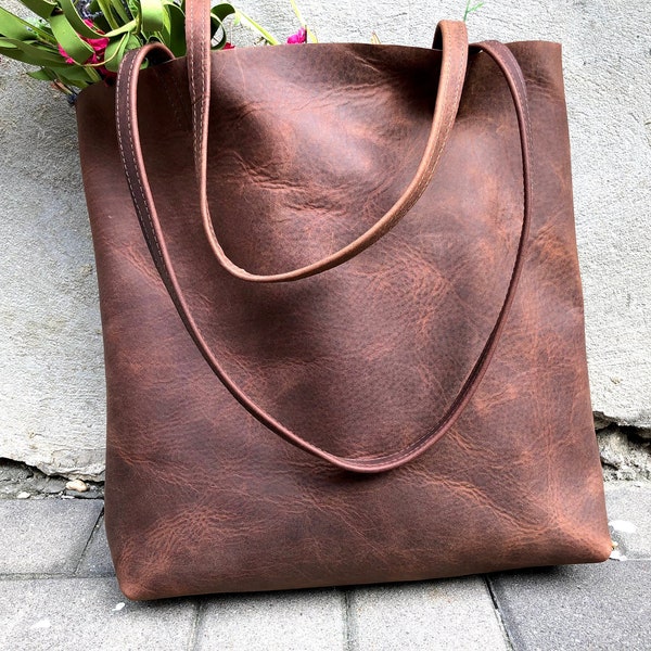 Tall vintage brown leather tote 14”H x 11” W, Work and travel leather bag , Leather Computer bag with Brass Zipper, leather shopper handbag