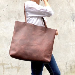 Large Brown Leather Tote Bag - Oversized Leather Shopper bag with zipper - Work and Travel leather computer bag -Handmade School leather bag