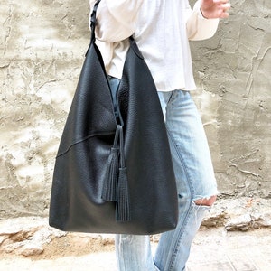 Leather hobo bag, Overnight bag, Slouchy large shoulder bag for work and travel, Large Leather Shopper image 2