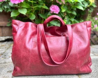 Extra large wine red leather tote bag 19”x 15”x 5” with cotton lining Work and travel computer bag, Large shopping bag with zipper option