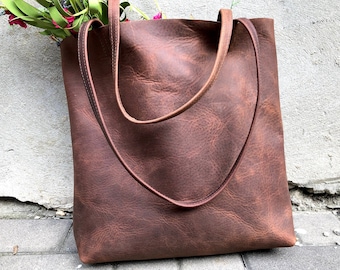 Tall vintage brown leather tote 14”H x 11” W, Work and travel leather bag , Leather Computer bag with Brass Zipper, leather shopper handbag