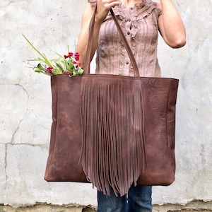 Bolso de piel extragrande con flecos, Bolso de piel extragrande para trabajo y viajes, Bolso de piel para llevar de noche, Bolso de mano grande de piel
