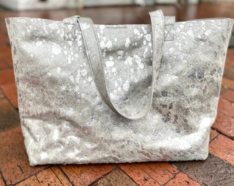Extra Large Silver Metallic Cowhide Leather Tote Bag: Work & Travel
