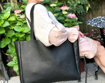 Black leather tote bag, Oversized work and travel computer bag, Large shopping bag, Gift for women, Laptop bag, Overnight leather tote