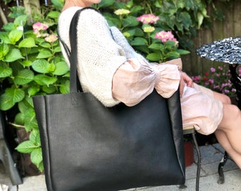 Black Leather Tote Bag: Oversized Work, Travel, and Laptop Bag