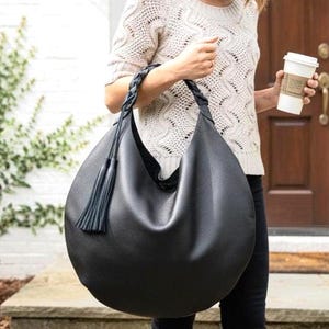 Black Leather Hobo Bag: Large Shoulder Bag with Braided Strap