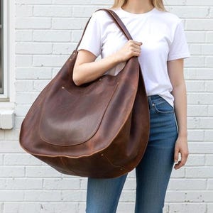 Oversized Vintage Brown Leather Hobo Bag: Extra Large Travel Tote