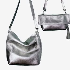 Silver Leather Tote: Metallic Crossbody Work Bag with Tassel