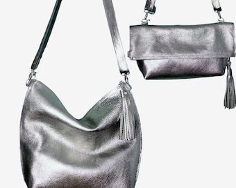 Silver Leather Tote, Crossbody Leather Bag, Medium Work and