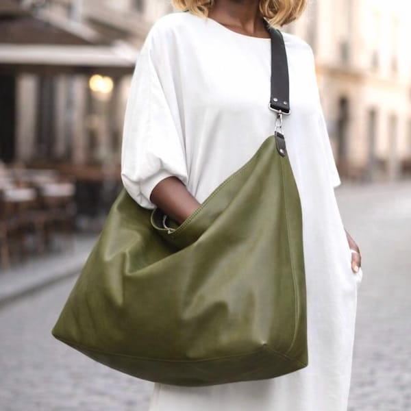 Handmade Olive green Leather Hobo Bag, Oversized Shoulder Bag, Work & Travel