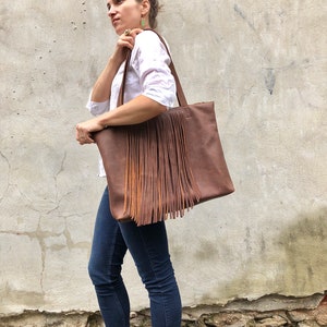 Leather tote with fringe, Sturdy Shopper Travel bag Leather office bag, school tote zipper, Large laptop computer leather tote image 9