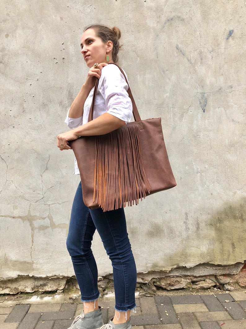 Leather tote with fringe, Sturdy Shopper Travel bag Leather office bag, school tote zipper, Large laptop computer leather tote image 9