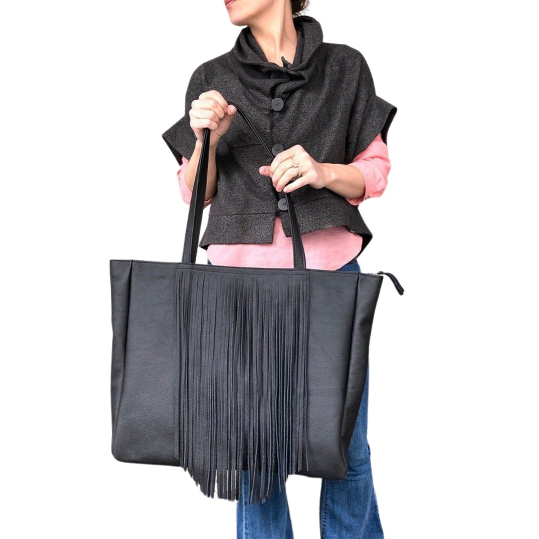 Extra Large Black Leather Bag With Fringe, Oversized Work and Travel