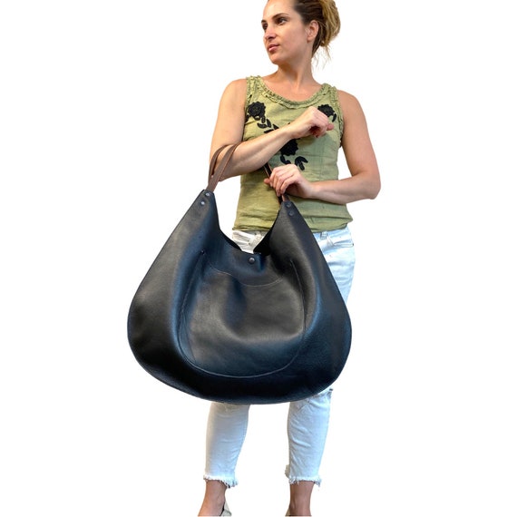 Oversized Black Soft Leather Hobo Bag, 22 W X 16H , Extra Large Work and  Travel Bag With Front Pocket, Handmade in USA -  Hong Kong