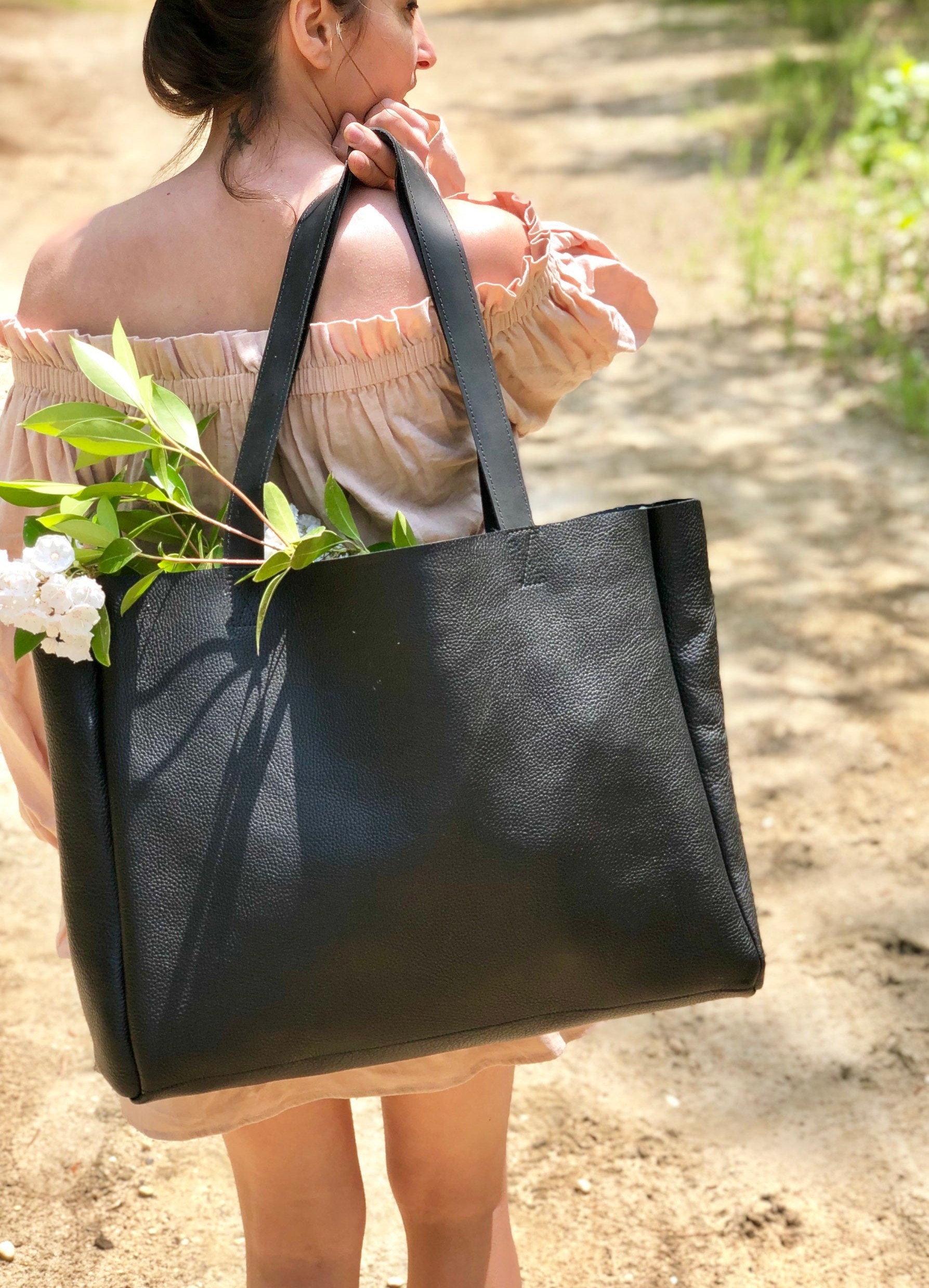 black leather tote