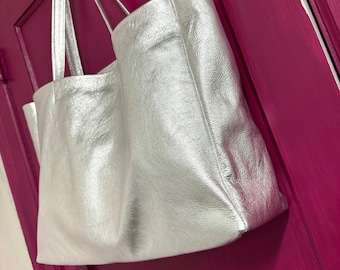 Extra Large Silver Leather Tote Bag: Handmade Oversized Work Bag