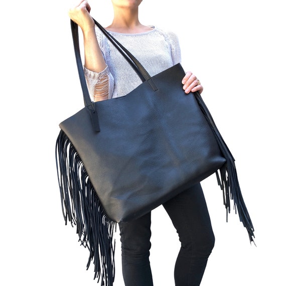 Large Black Leather Bag With Fringe Oversize Work Travel Leather Tote Pockets Large Overnight Weekender Leather Tote Slouchy Leather Bag Etsy