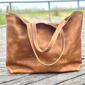 Extra large honey brown leather tote bag, Oversized work and travel computer bag, Large shopping bag, Leather purse handmade in USA