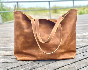 Extra large honey brown leather tote bag, Oversized work and travel computer bag, Large shopping bag, Leather purse handmade in USA