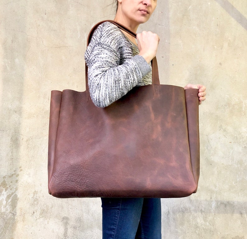 Extra large brown leather tote bag 24x 15 Oversized work Etsy