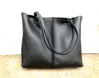 Large Black Leather Tote , 18”x14” Work travel leather bag,  Leather Compur bag with Zipper gift for women,  Large leather shopper tote bag