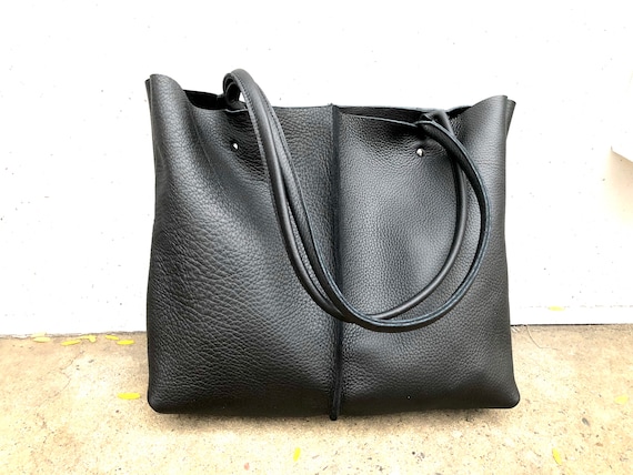 Large Black Leather Tote , 18”x14” Work Travel Leather Bag