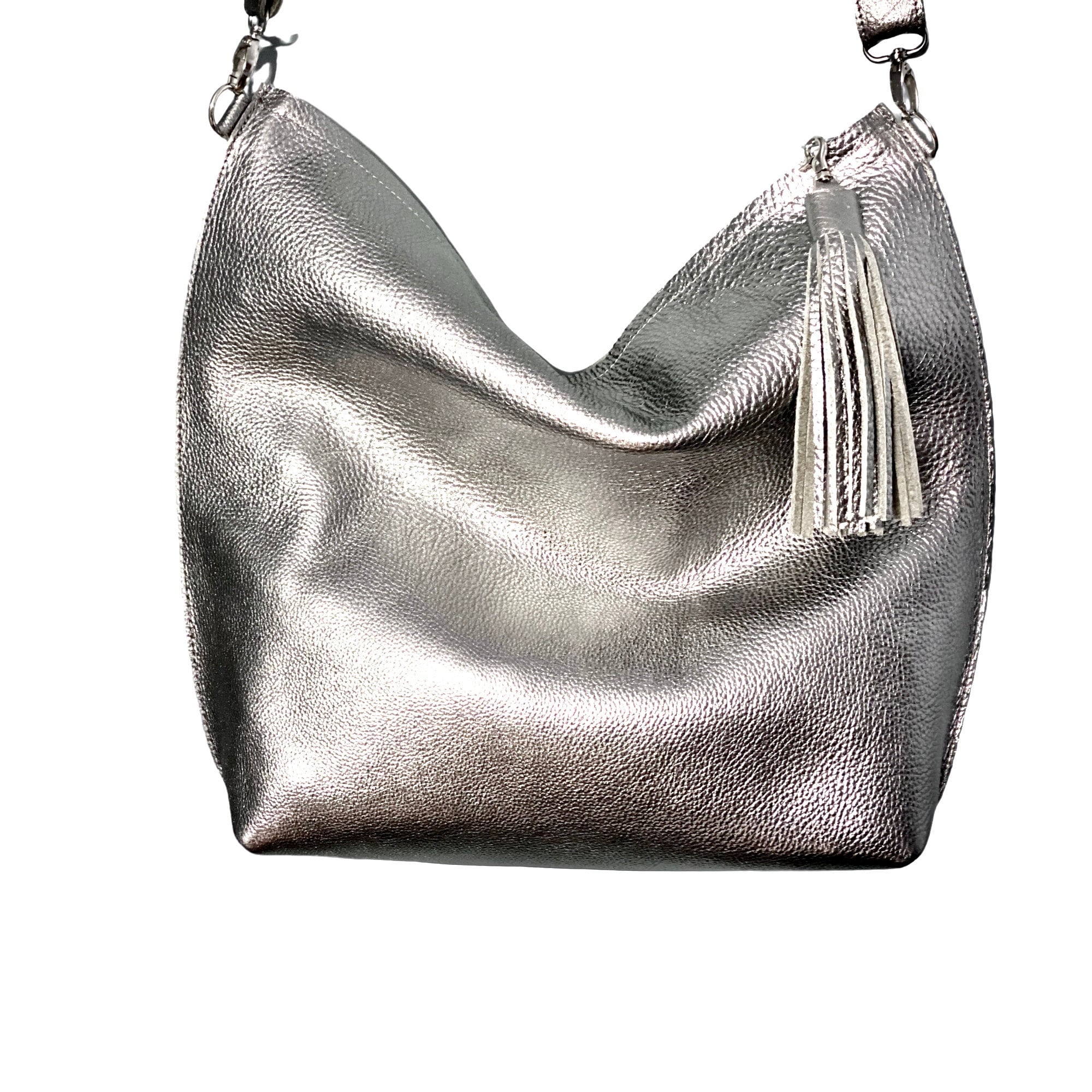Silver Leather Tote, Crossbody Leather Bag, Medium Work and