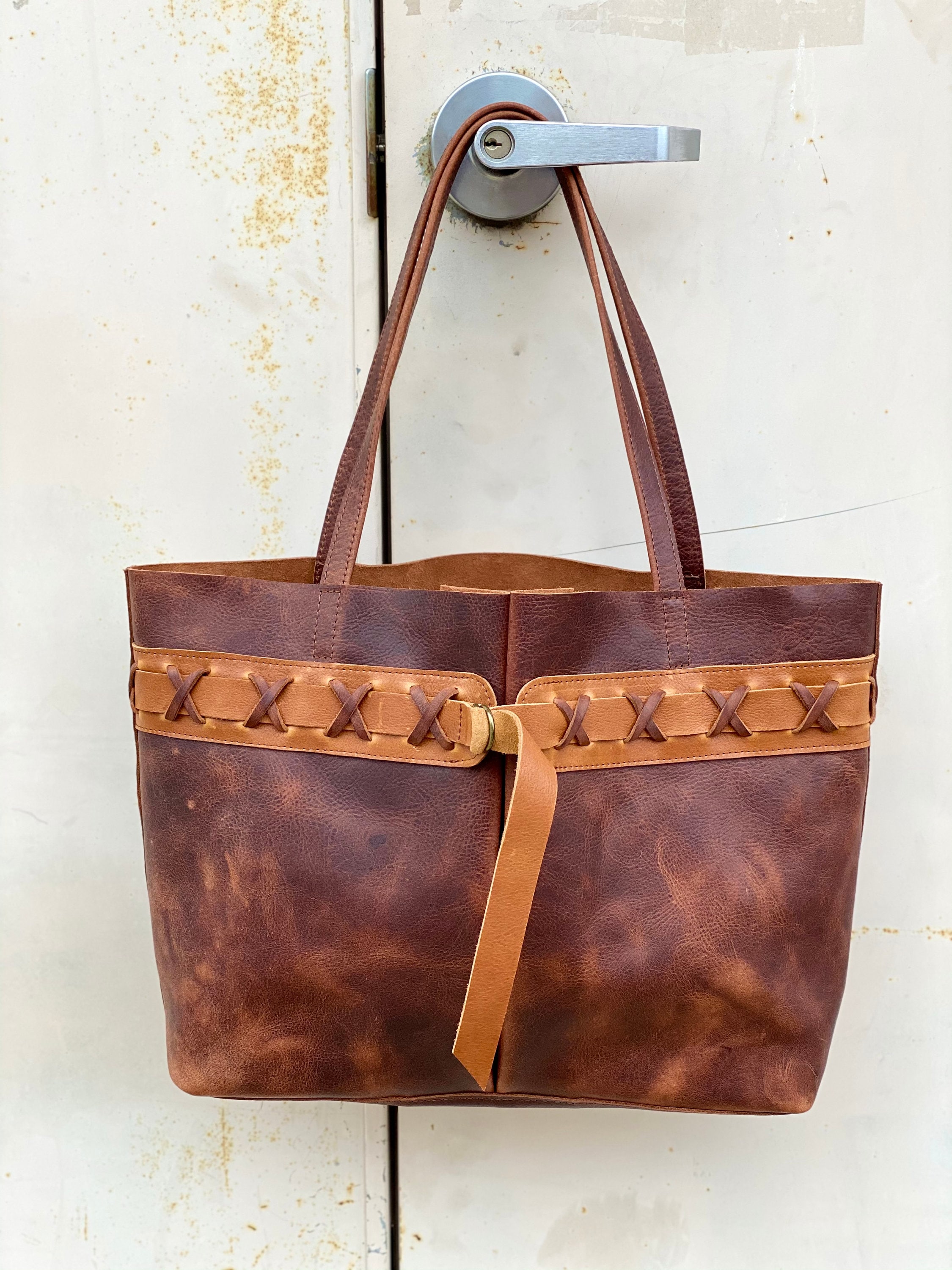 Vintage Brown Leather Bag With Cross Stitch, Work and Travel