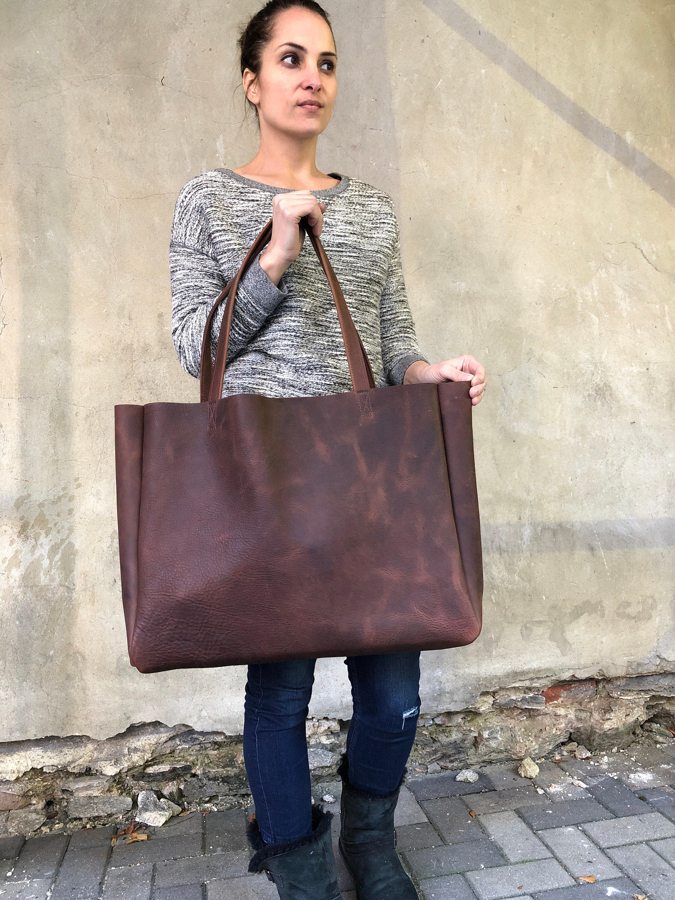 Extra Large Brown Leather Tote Bag 19x 15x5 Oversized Work -  Israel