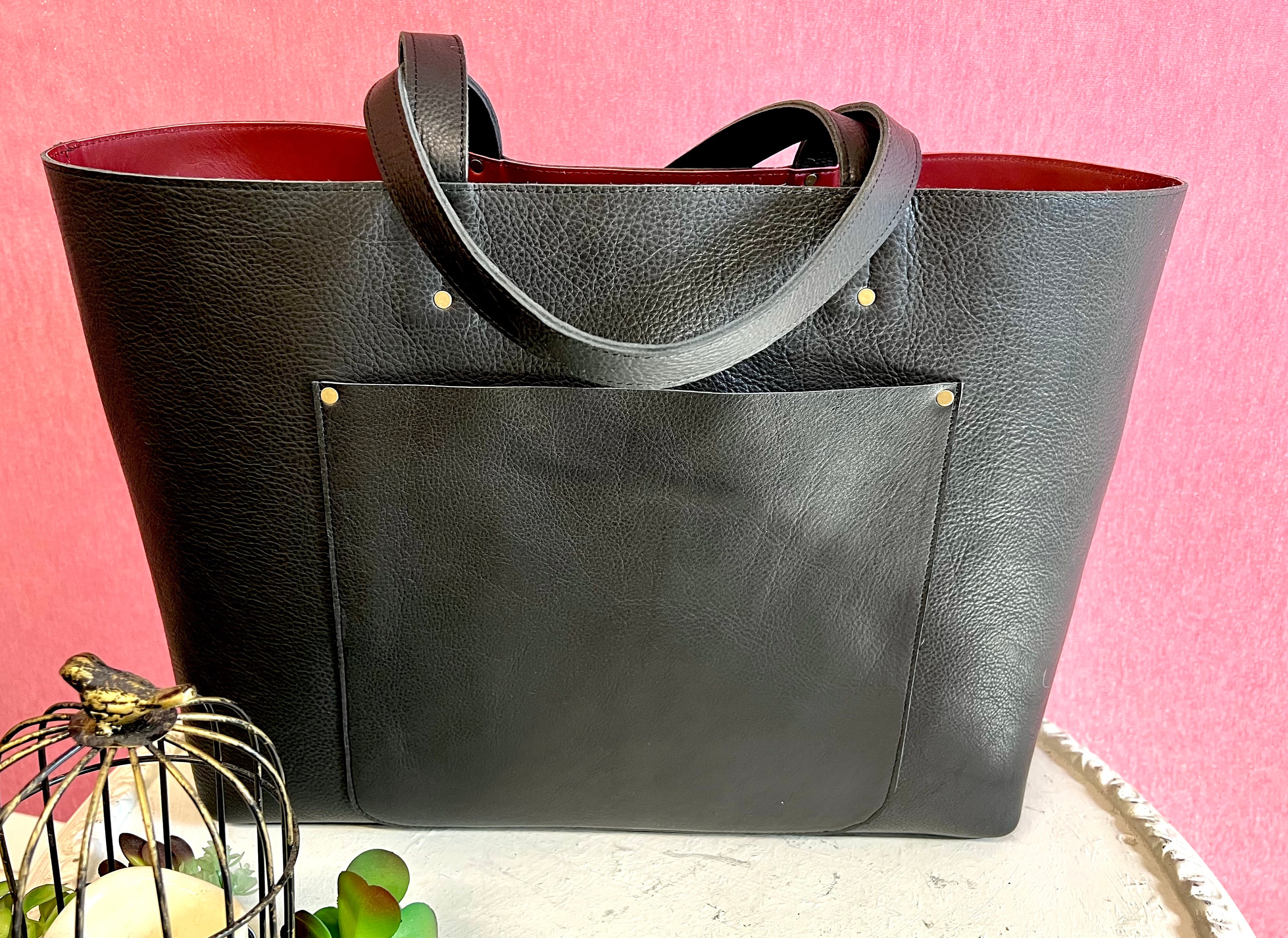 Black Full Grain Leather Tote With Red Leather Interior With 