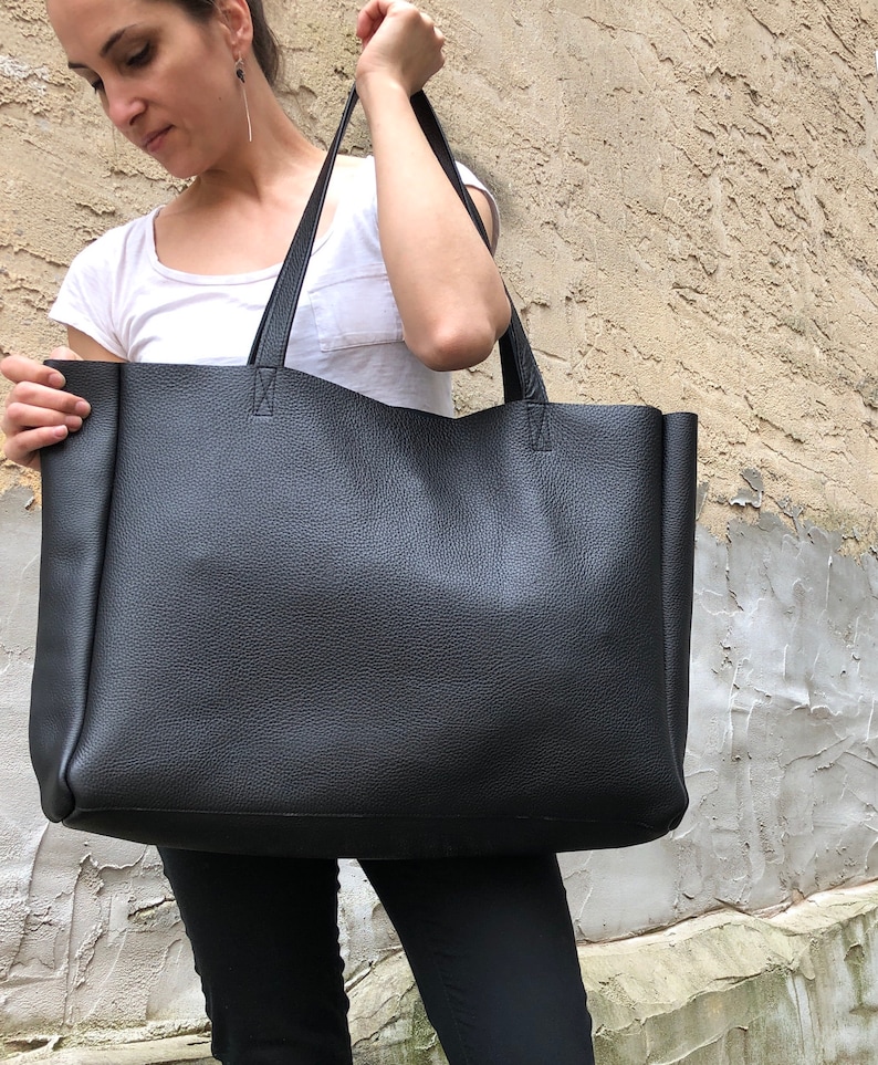 Black leather tote bag Oversized work and travel computer | Etsy