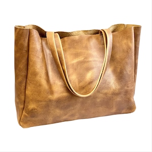 Bolso de mano de cuero marrón miel de 19” x 15” x 5”, bolso de mano grande para computadora de trabajo y viaje, bolso de compras grande, bolso de cuero unisex para computadora portátil