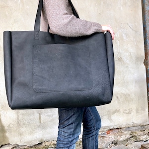 Extra Large Black Leather Tote Bag 19x 15x5 , Oversized Work and Travel ...