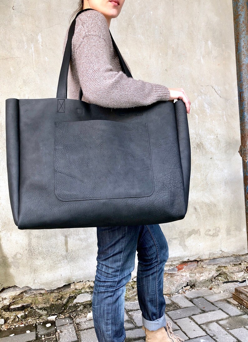 Extra Large Black Leather Tote Bag 19x 15x5 Oversized - Etsy