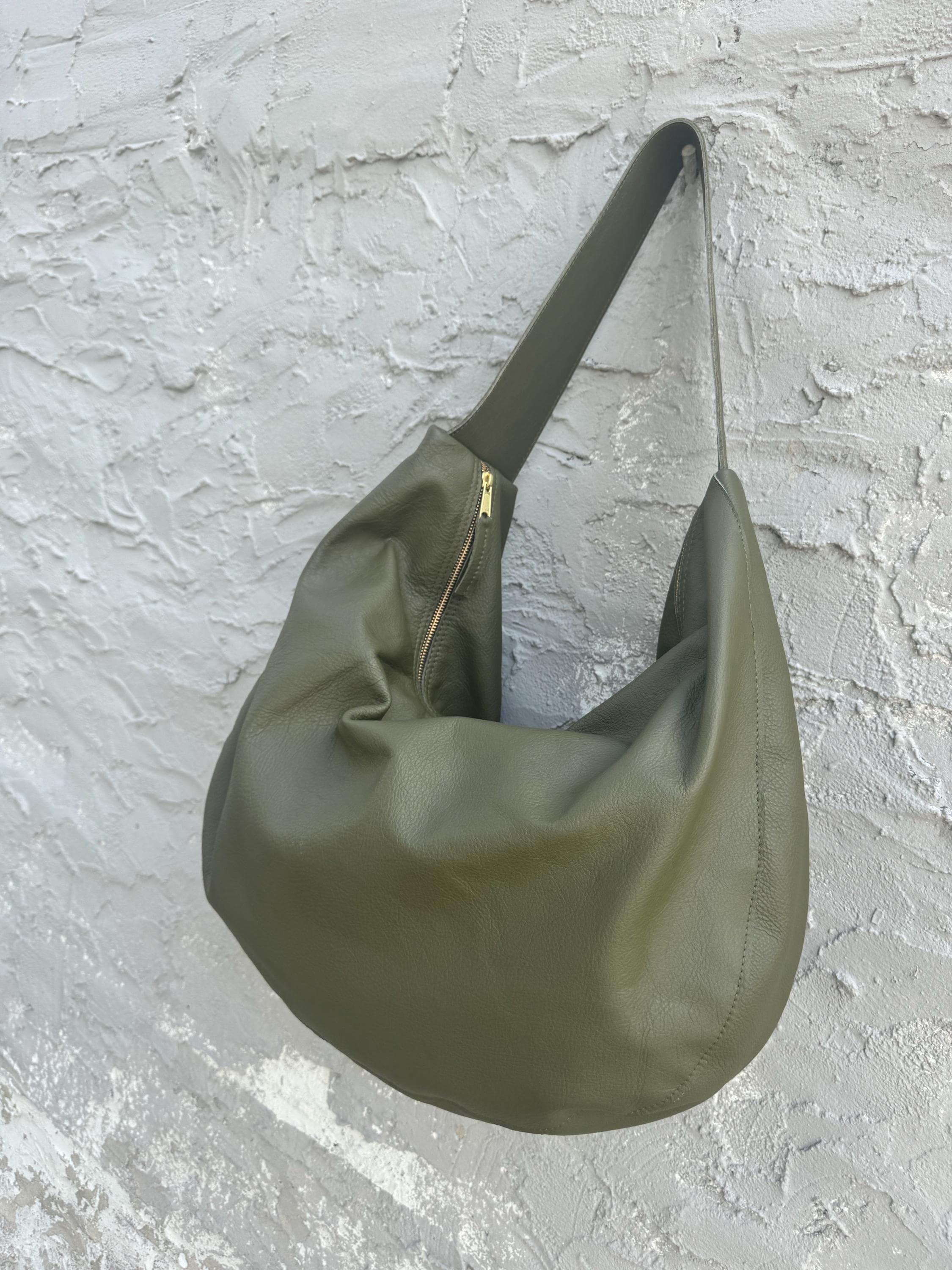 Olive Green Leather Hobo Bag: Slouchy Zippered Shoulder Bag - Etsy