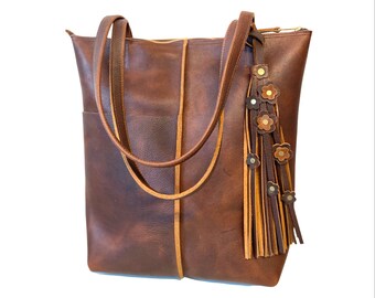Vintage Brown Leather Tote: Handmade Full Grain Work Bag with Tassel