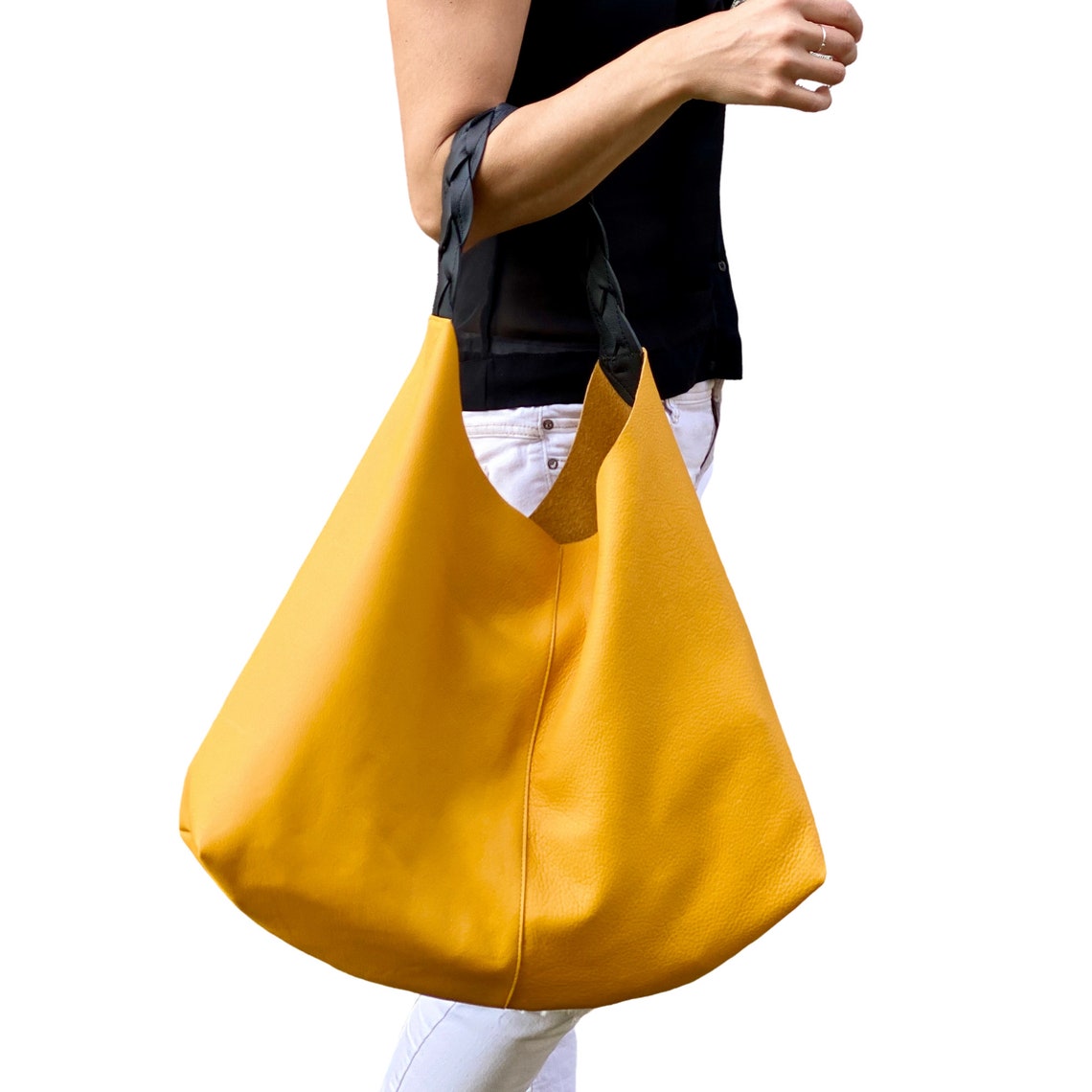 Large yellow hobo leather bag Unique soft leather shoulder Etsy