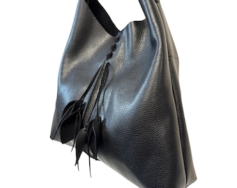 Black Leather Hobo Bag: Slouchy Shoulder Bag with Leaves