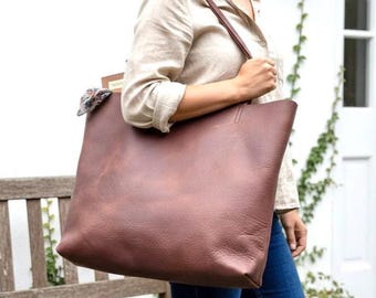Large Brown Leather Tote Bag: Handmade Oversized Shopper