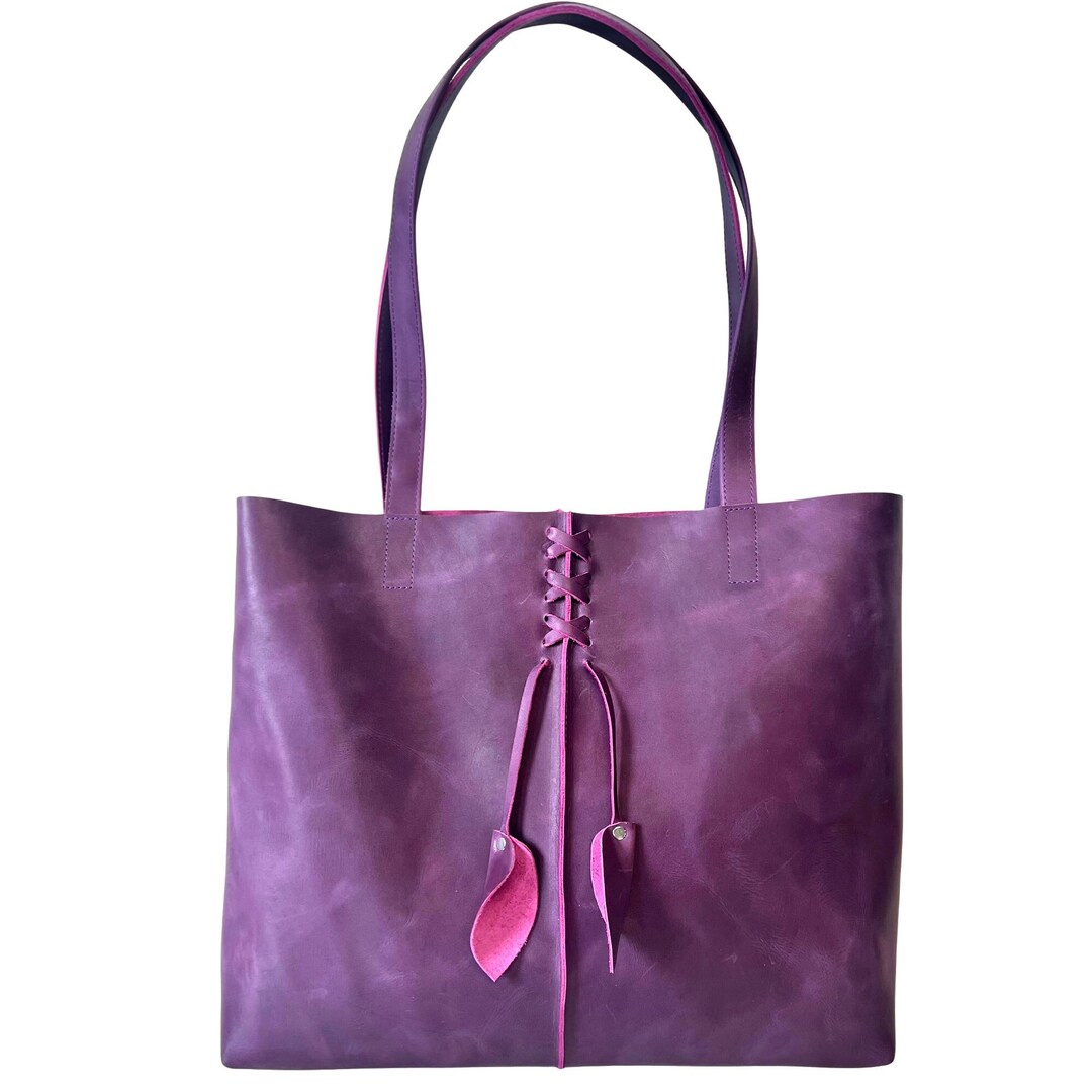Vintage Purple Leather Tote With Leaves, Work and Travel Leather Bag