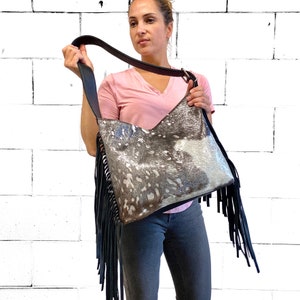 Silver metallic acid wash cowhide tote with black fringe, Crossbody strap handbag