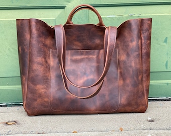 Extra Large Brown Leather Tote Bag: Oversized Work, Travel, Shopping