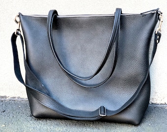 Large Black Leather Crossbody Tote: Zippered Work Bag