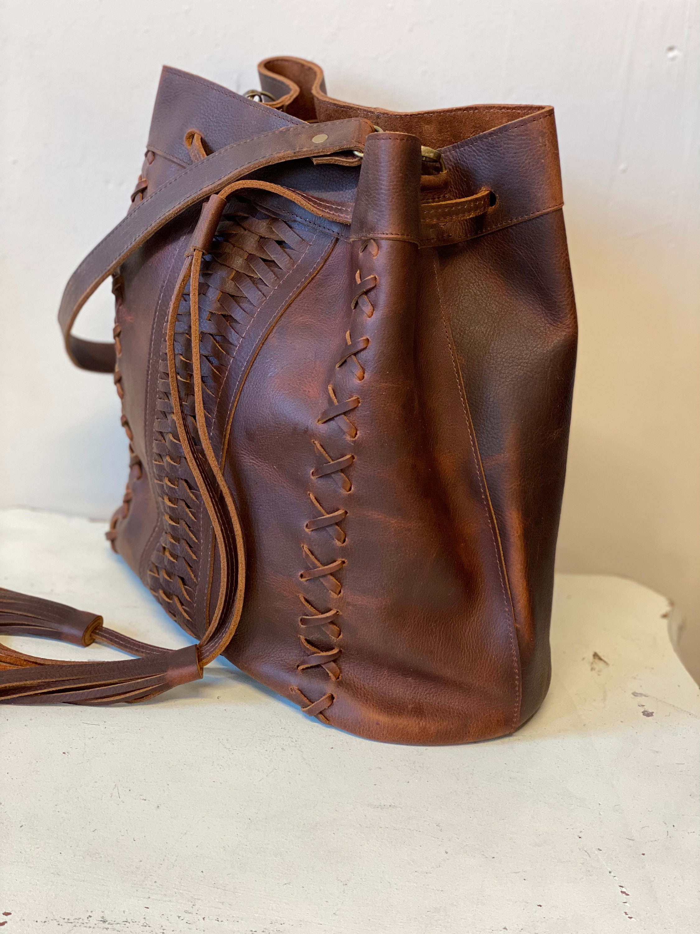 Brown Leather Boho Bag With Decorative Hand Stitch and Tassels